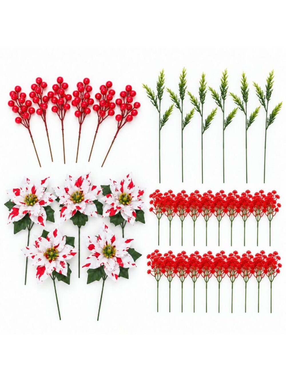 37 Piece Artificial Candy Cane Poinsettia Set, Red and White Faux Christmas Flor
